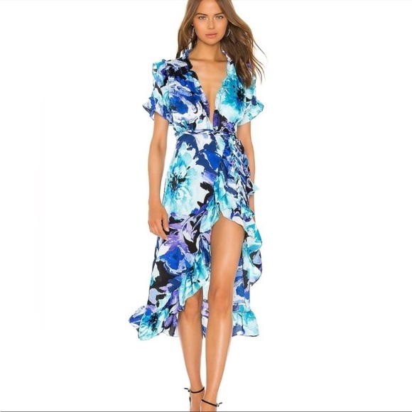 MISA Faizah Floral Watercolor Blue Ruffle Wrap Dress - Picture 1 of 7